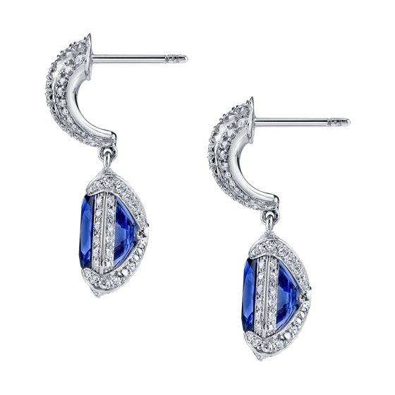 One of a kind, original, hand fabricated platinum, sapphire and diamond earrings by Darren McClung, Palo Alto CA