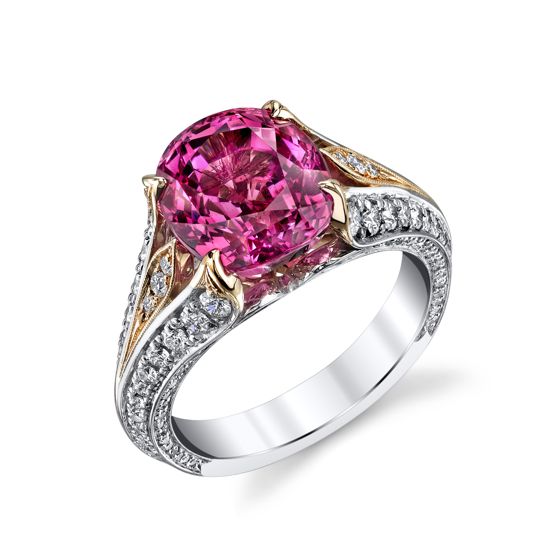 Darren McClung original design, hand fabricated ring in Platinum and 18K Rose Gold ring with Pink Sapphire and Diamond
