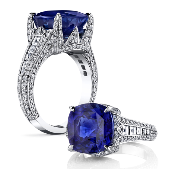 Darren McClung original ring design set with a 10.10 ct Antique Cushion cut Ceylon Sapphire and Diamonds