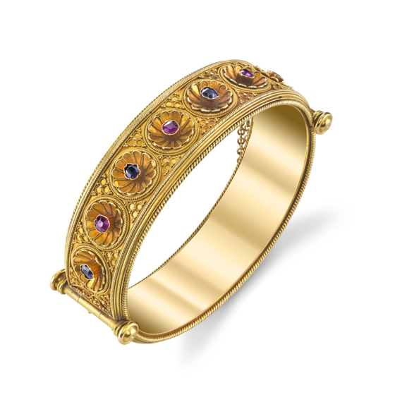 Victorian c. 1870 French Etruscan Revival gold bracelet with ruby and sapphire, Darren McClung Estate & Precious Jewelry Palo Alto