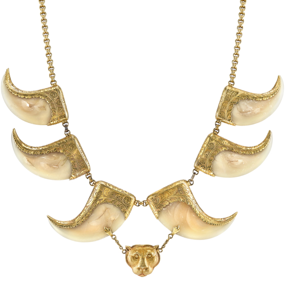 Victorian, antique, c. 1860, gold, hand chased, hand engraved, lion's claw necklace at Darren McClung Estate & Precious Jewelry, Palo Alto, CA