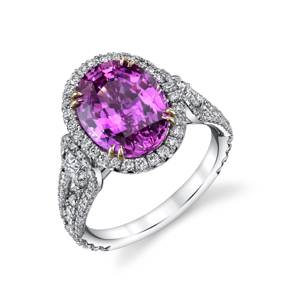Oval Pink Sapphire and diamond ring in 18K white gold, at Darren McClung Estate & Precious Jewelry