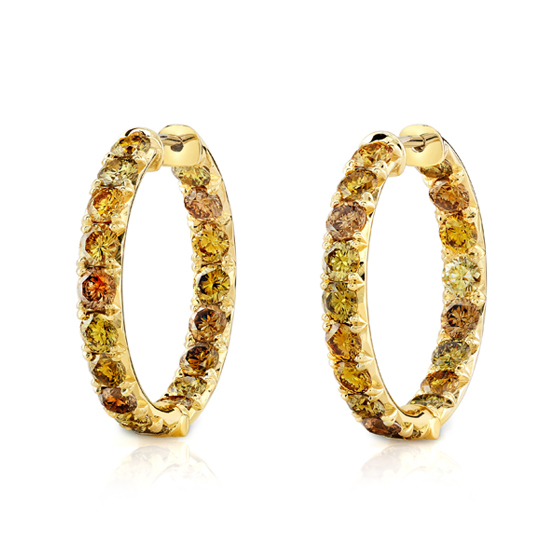 Natural Fancy Multicolor diamonds French set in 18k gold hoop earrings by Darren McClung, Palo Alto CA