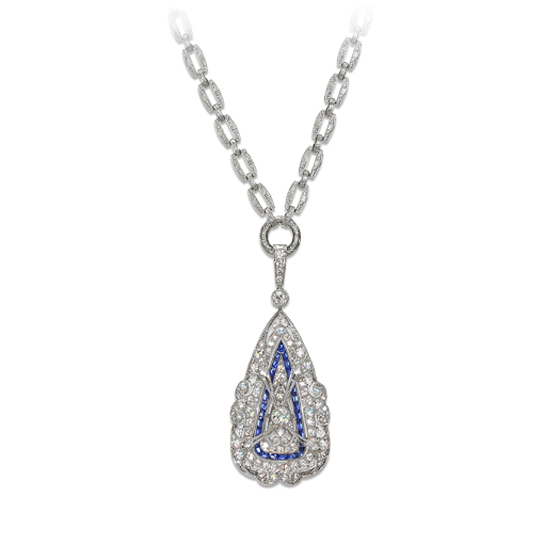 Art Deco, one-of-a-kind, saw-pierced, hand-chased sapphire and diamond tear drop necklace at Darren McClung Estate & Precious Jewelry Palo Alto