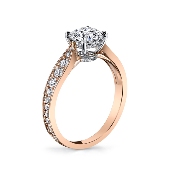 Darren McClung original "Tulip" engagement ring hand fabricated in 18K Rose Gold and Platinum with colorless ideal cut round brilliant bead set diamonds graduated in size to accentuate the curves of the ring