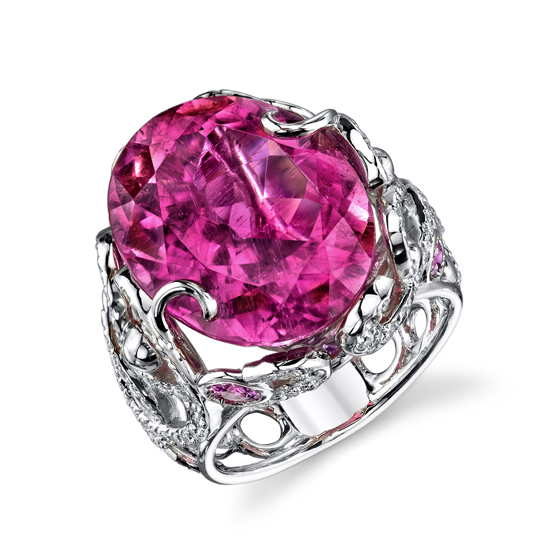 Original Darren McClung and Durnell 14.46 ct oval pink tourmaline ring in platinum and diamond