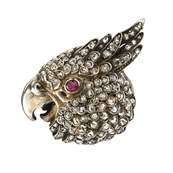 French circa 1850 silver on gold cockatoo brooch set with rose and old mine cut diamonds in the feathers and a cabochon ruby eye