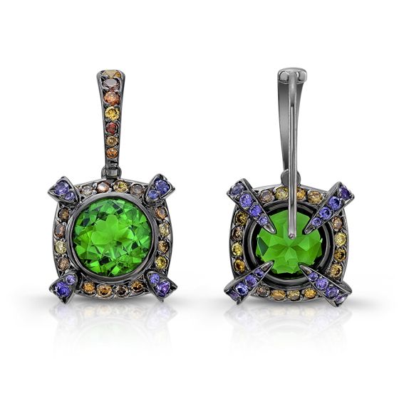 Darren McClung original design, tsavorite, natural color diamonds and purple sapphire earrings