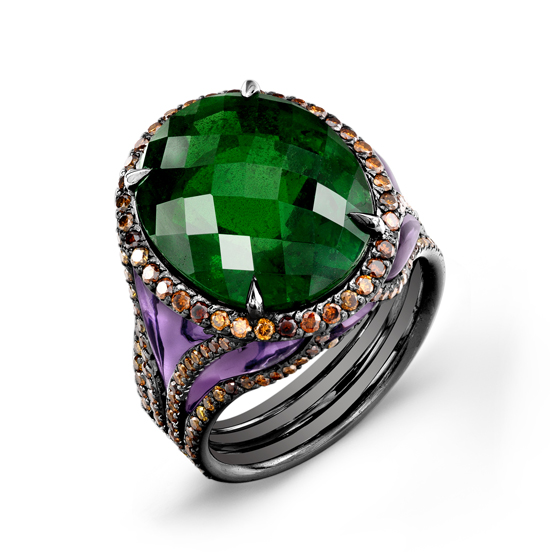 One of a kind, checker board top cut oval tsavorite garnet and hand cut amethyst platinum ring trimmed in natural fancy color diamonds by Darren McClung and Durnell