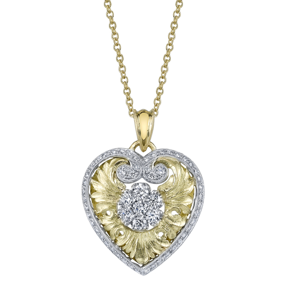 Van Craeynest platinum & 18K gold, die struck, hand chased & carved, diamond pendant, designed in the Victorian Era