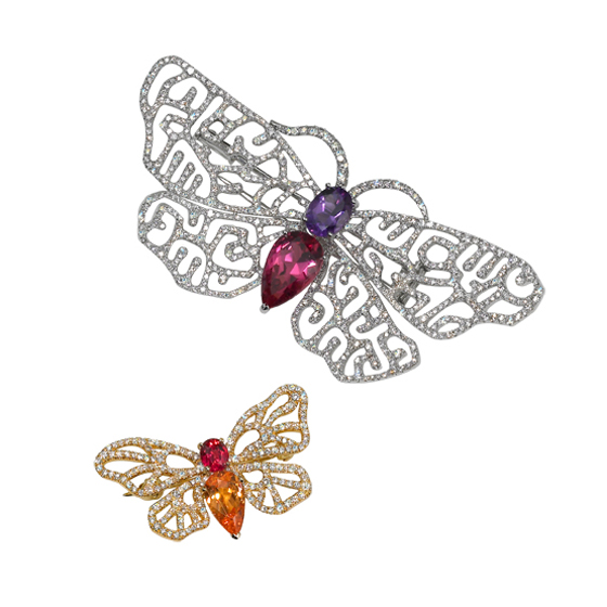 Precious gem and diamond pavé Butterfly brooches by Georland, Paris at Darren McClung Estate & Precious Jewelry