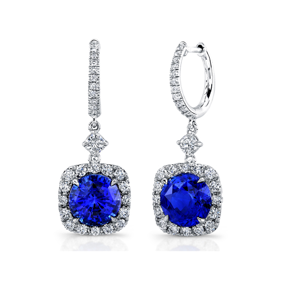 Ceylon sapphire and micro set pave diamond, platinum filigree drop earrings, Darren McClung Fine and Precious Jewelry, Palo Alto, Menlo Park, CA 