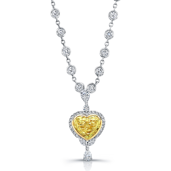 Fancy Intense Yellow Heart shaped diamond pendant on diamonds forever chain, Darren McClung Fine and Precious Jewelry, Palo Alto, Menlo Park, CA 
