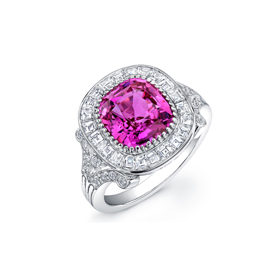 Darren McClung original, Victorian inspired, platinum ring set with a cushion cut unheated vivid pink sapphire in a mitre cut diamond frame