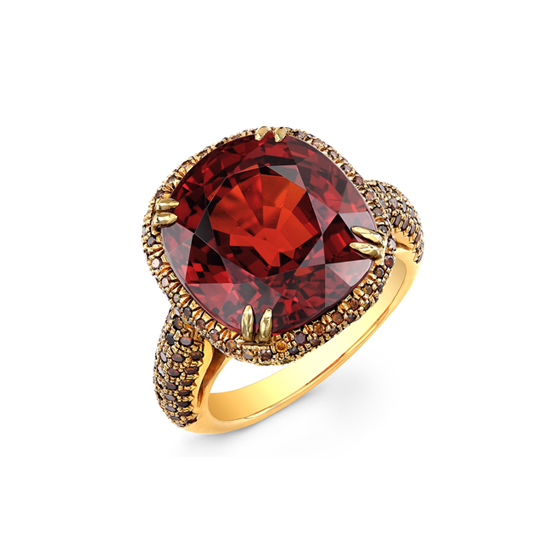 One of a kind spessartite garnet and natural fancy color diamond ring designed by Donna Vock