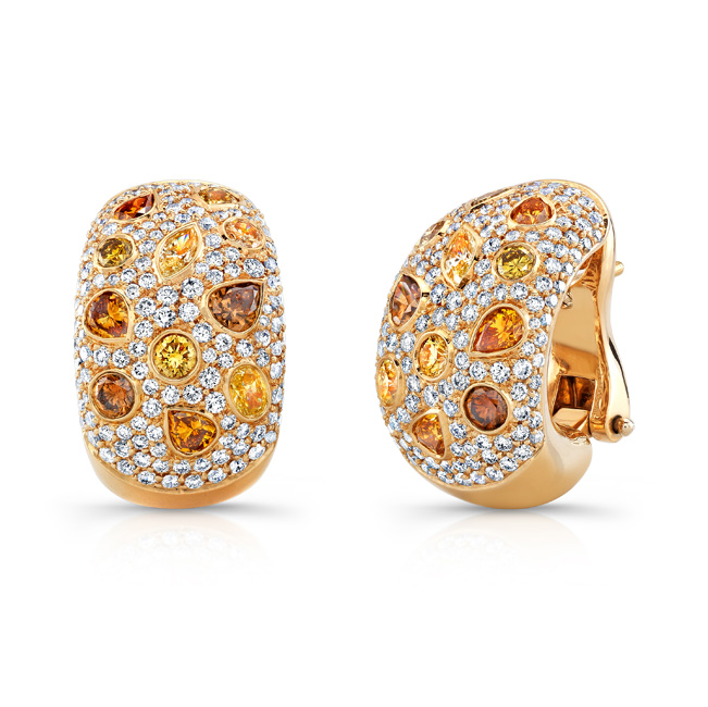 Natural Fancy color diamonds surrounded by diamond pavé set in 18K gold ear clips by Krieger, Germany, at Darren McClung Estate & Precious Jewelry, Palo Alto, CA