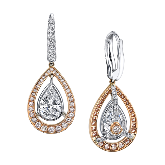 Darren McClung original Pear Shape Diamond drop earrings with 18Kt rose gold and Pink Diamond frames