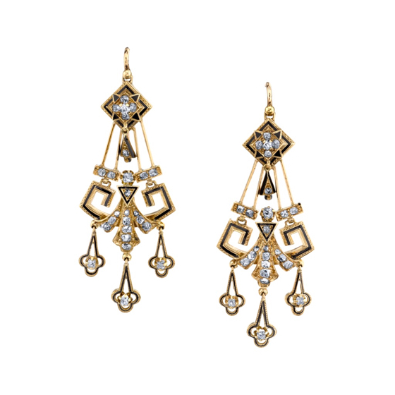 Victorian 18kt gold Old Mine cut diamonds and black enamel chandelier earrings, Darren McClung Estate & Precious Jewelry Palo Alto
