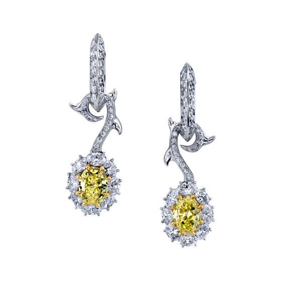 Darren McClung original Fancy Yellow Oval Diamond earring on detachable knife edge pave diamond hoops