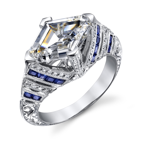 Antique rare Lozenge cut Diamond in New Sapphire and Diamond Platinum Ring