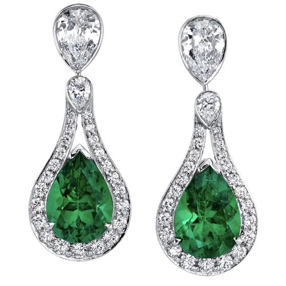 Darren McClung original hand fabricated platinum earrings set with extremely fine pear shape Columbian emeralds framed by colorless ideal cut diamonds