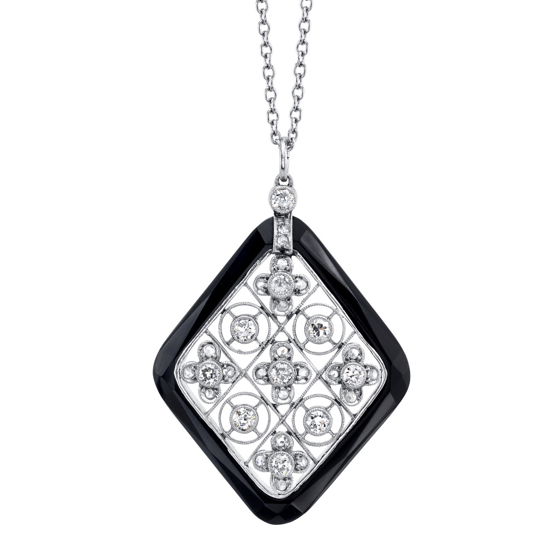 Art Deco c. 1920s diamond and platinum filigree pendant in black onyx frame, Darren McClung Estate & Precious Jewelry Palo Alto
