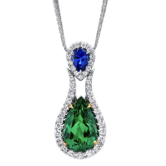 Original Darren McClung Columbian Emerald, Ceylon Sapphire and colorless ideal cut Diamond pendant hand fabricated in Platinum