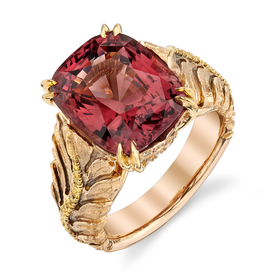 Darren McClung original hand fabricated, hand chased ring of 18K rose and yellow gold set with 8.70 carat pinky orange Burmese cushion cut Spinel with fancy pink and fancy intense yellow diamond pave accents