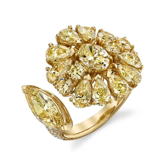 18K gold Flower ring by Etho Maria, Greece, set with 3.43 carats total weight of Fancy Yellow diamonds, the petals articulate and cling to the finger