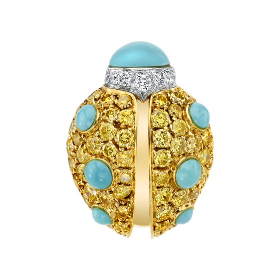 18K gold Ladybug brooch set with Turquoise cabochons, near colorless and Fancy Intense Yellow diamonds by Picchiotti Italy