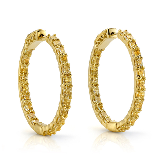18K gold hoops with frosted finish set with 7.26 carats total weight of Fancy Yellow Radiant cut diamonds