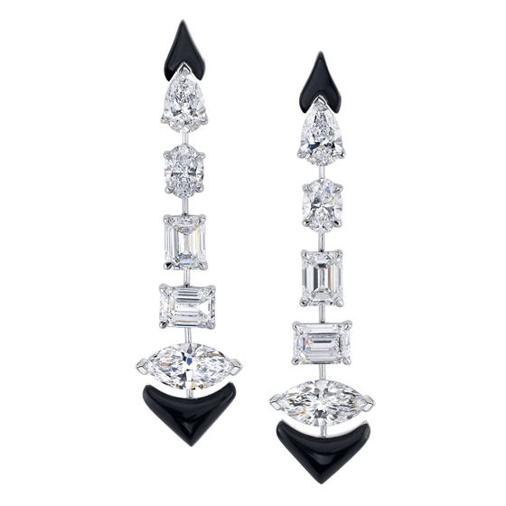 Exquisite 6.60 carats of mixed shape pear, oval, emerald, & marquise cut diamonds accented with carved black onyx elements on the top & bottom of these one of a kind earrings by Etho Maria Greece