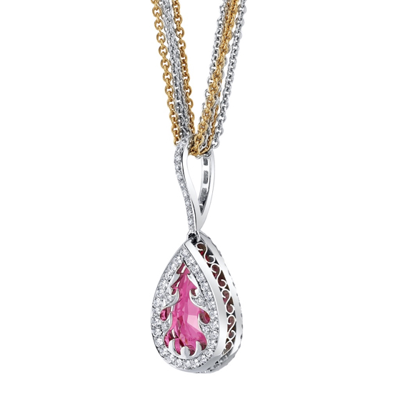 Tropical 5.68 carats Pinkish Orangey Red Spinel pendant in a Colorless Diamond frame on a Two Tone Three Strand Chain designed by Darren McClung